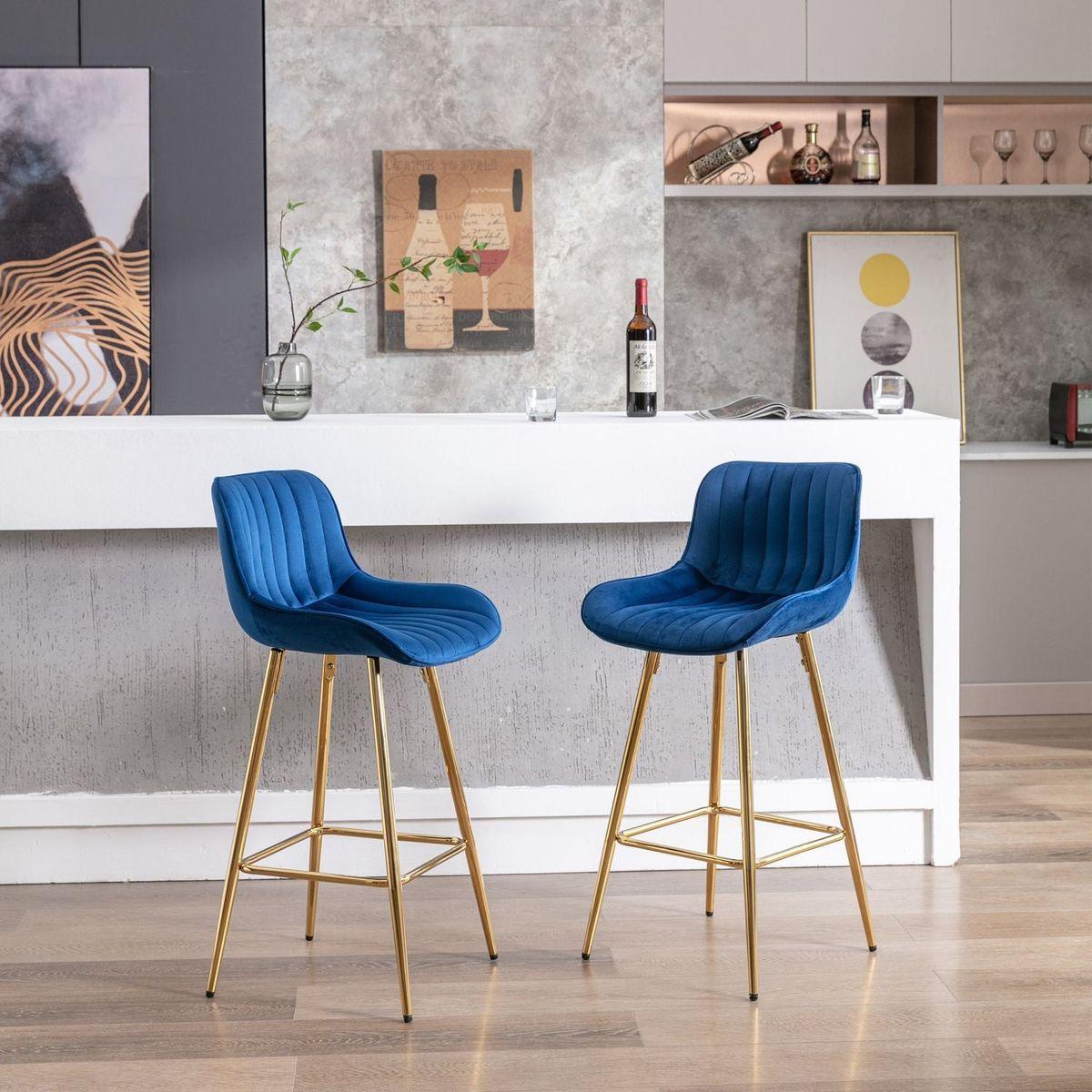 26 Inch Set of 2 Bar Stools, with Steel Frame Footrest Velvet Fabric Golden Leg Simple Bar Stool, BLUE