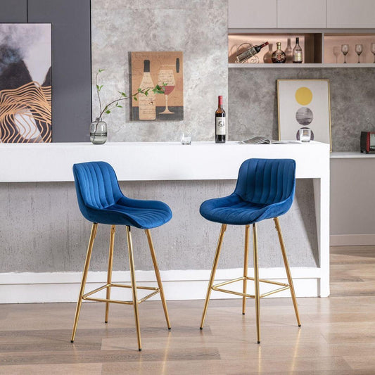 26 Inch Set of 2 Bar Stools, with Steel Frame Footrest Velvet Fabric Golden Leg Simple Bar Stool, BLUE