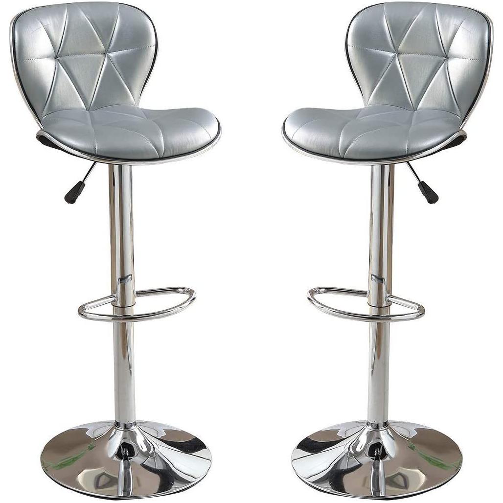 Silver / Grey Faux Leather PVC Stool Counter Height Chairs Set of 2 Adjustable Height Kitchen Island Stools Chrome Base.