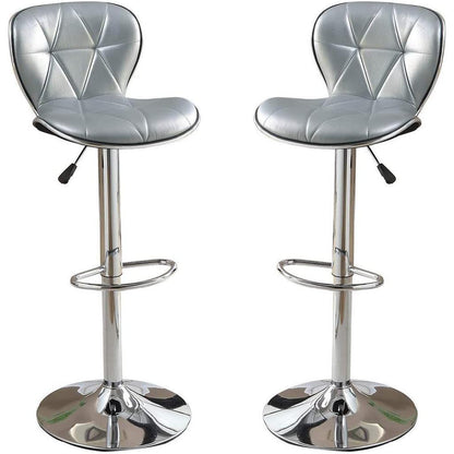 Silver / Grey Faux Leather PVC Stool Counter Height Chairs Set of 2 Adjustable Height Kitchen Island Stools Chrome Base.