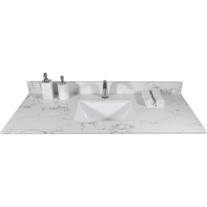 43"x22" bathroom stone vanity top engineered stone carrara white marble color with rectangle undermount ceramic sink and single faucet hole with back splash .