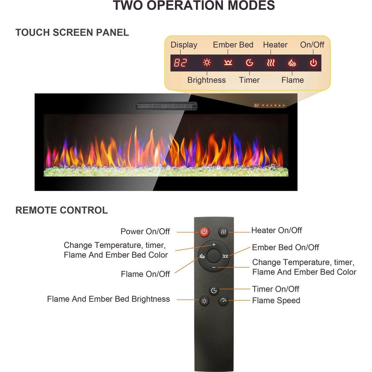 50 inch recessed ultra thin tempered glass front wall mounted electric fireplace with remote and multi color flame & emberbed, LED light heater