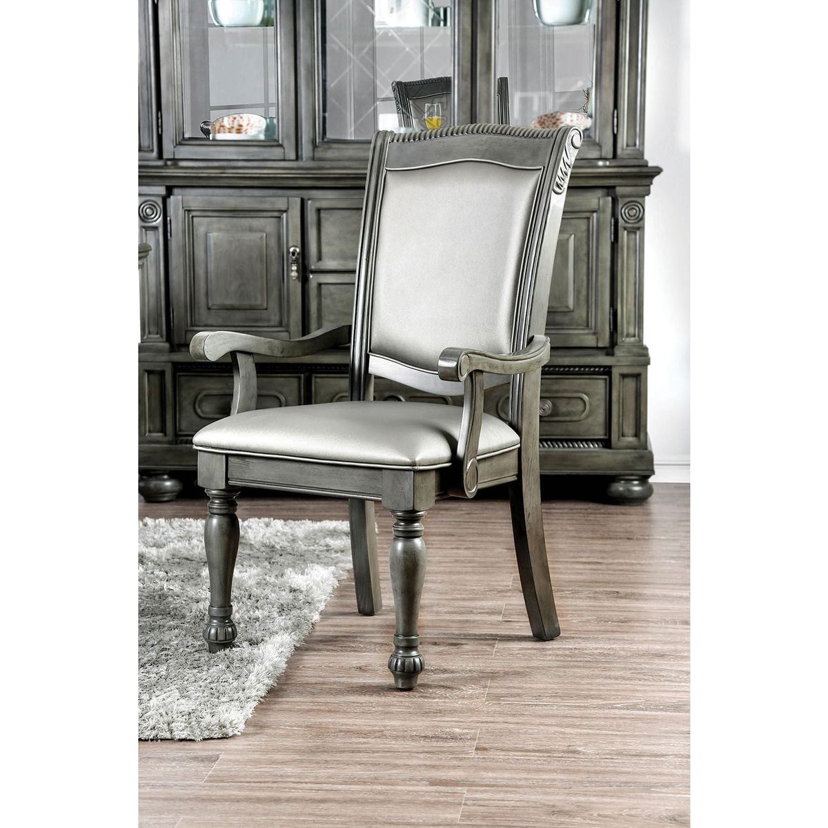 Glorious Classic Traditional Dining Chairs Gray Color Solid wood Leatherette Cushion Seat Set of 2pc Arm Chairs Turned Legs Kitchen Dining Room