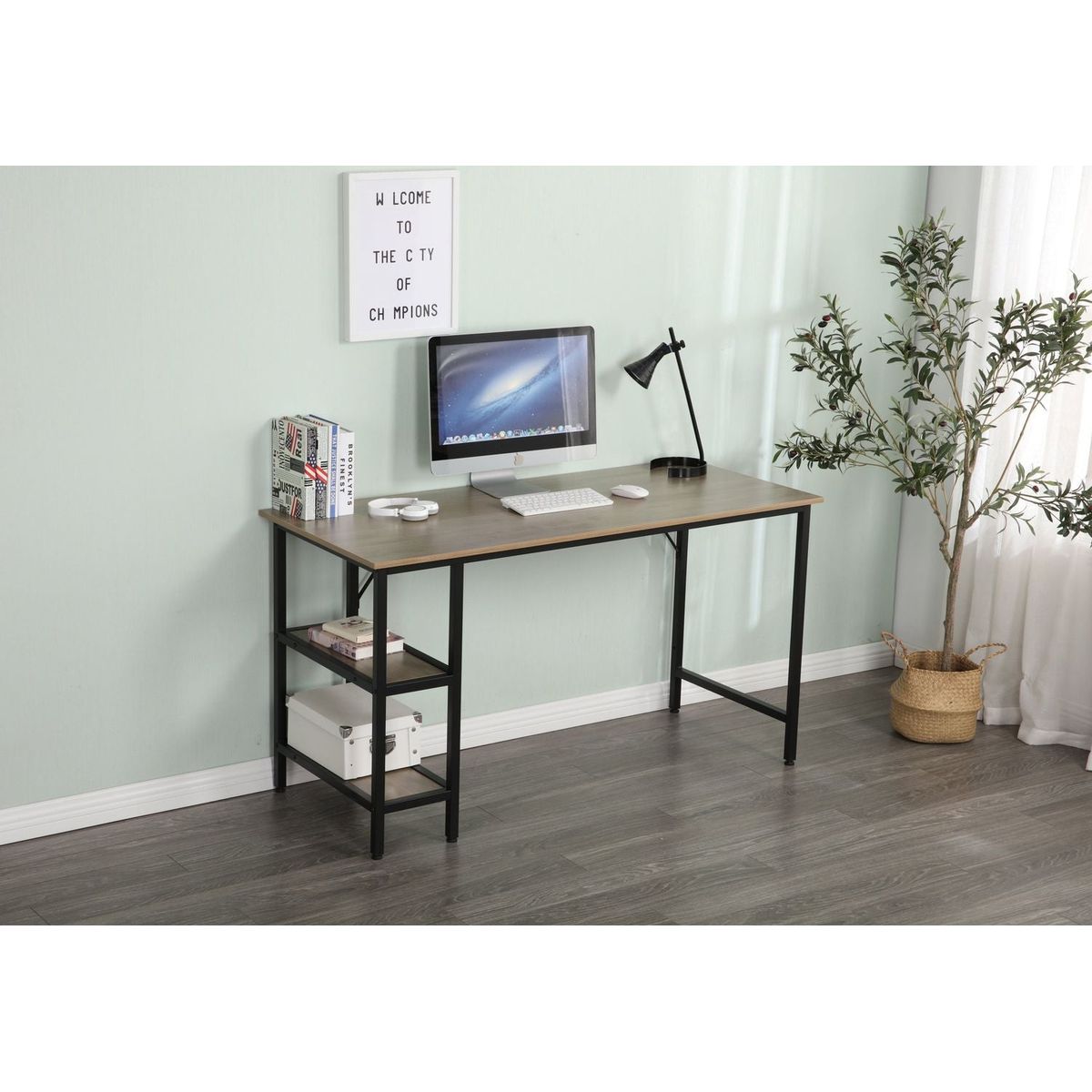 55-inch oversized light gray wood grain, best-selling home office computer desk, study writing desk with two-layer bookshelf