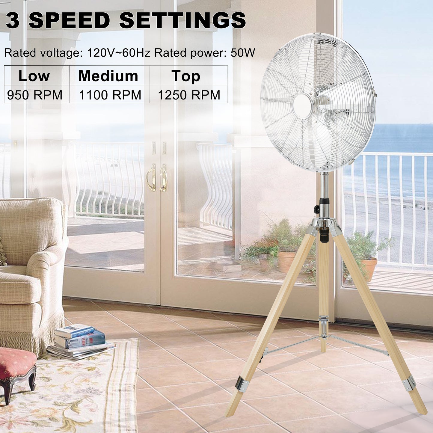 Retro Tripod Fan, Home Air Circulation Nostalgic Vertical Fan, 3 Speeds, Adjustable Height, Silver-16 Inch, 16 Inch