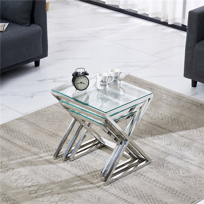 3 Pieces Silver Square Nesting Glass End Tables (X shape frame)- Small Coffee Table Set- Stainless Steel Small Coffee Tables with Clear Tempered Glass- 18" Modern Minimalist Side Table for Living Room