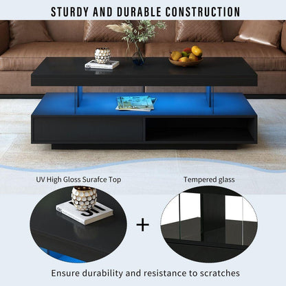 LED Coffee Table with Storage, Modern Center Table with 2 Drawers and Display Shelves, Accent Furniture with LED Lights for Living Room,Black