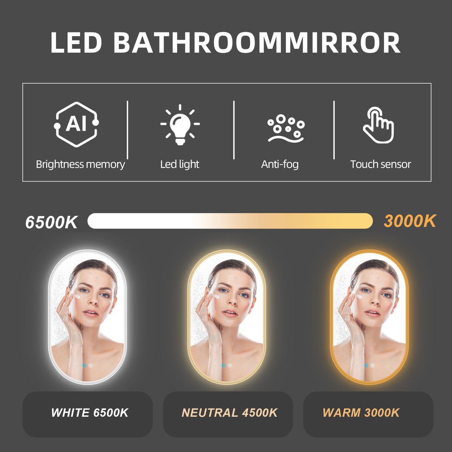 40X24 Inch Bathroom Mirror with Lights, Anti Fog Dimmable LED Mirror for Wall Touch Control, Frameless Oval Smart Vanity Mirror Vertical Hanging