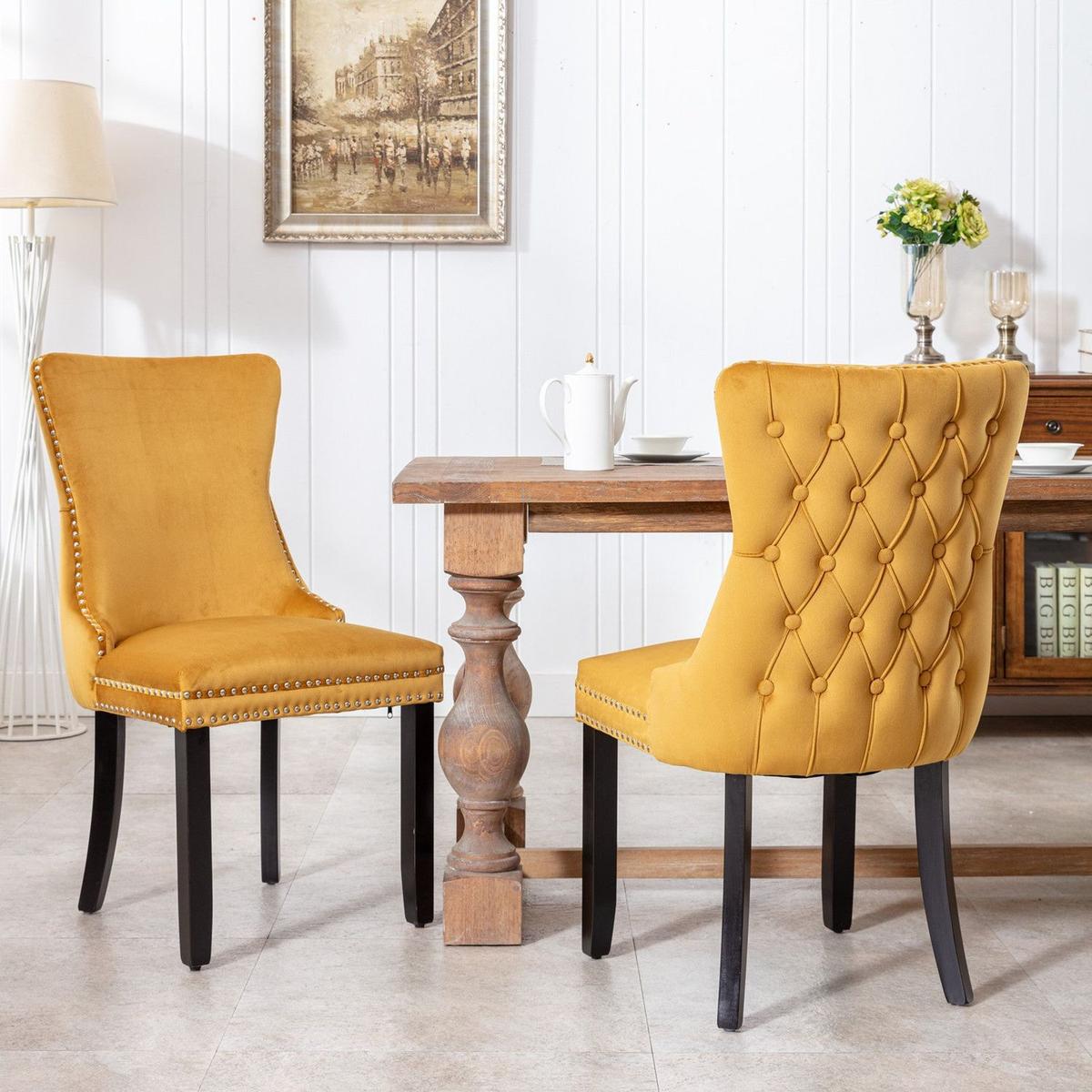 Upholstered Wing-Back Dining Chair with Backstitching Nailhead Trim and Solid Wood Legs, Set of 2, Gold