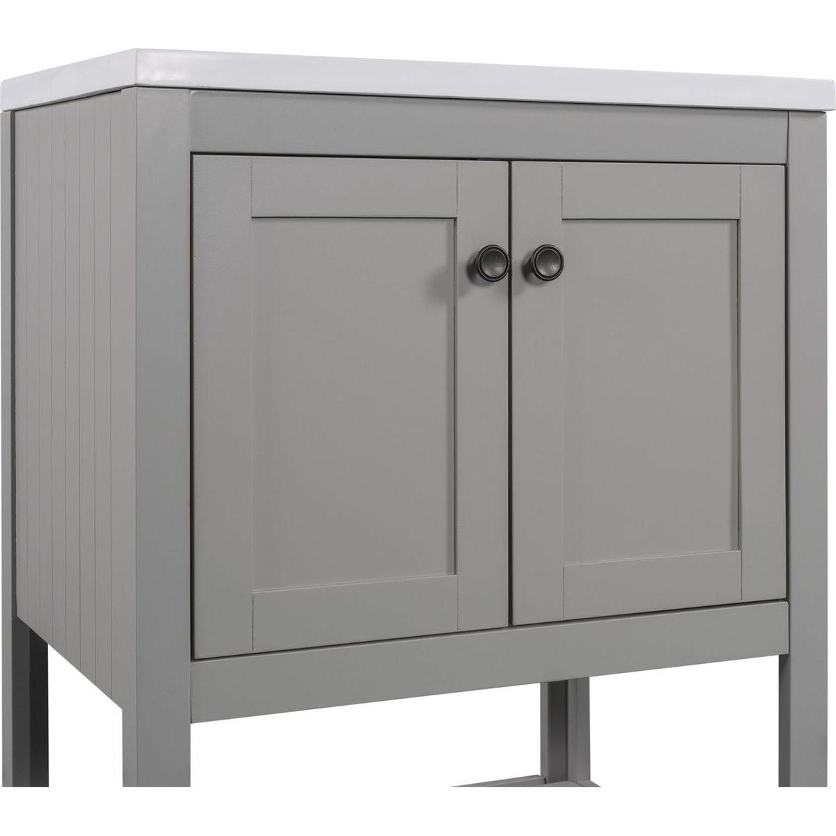 24" Grey Modern Sleek Bathroom Vanity Elegant Ceramic Sink with Solid Wood Frame Open Style Shelf