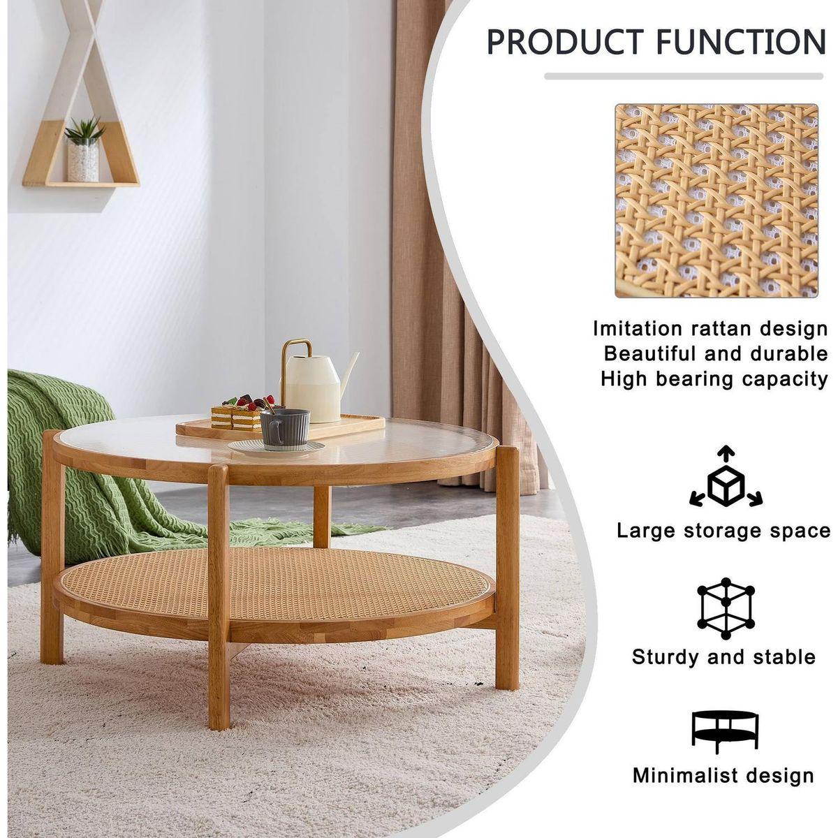 Modern simple circular double-layer solid wood tea table rattan woven Chinese side table small round table suitable for living room, dining room and bedroom