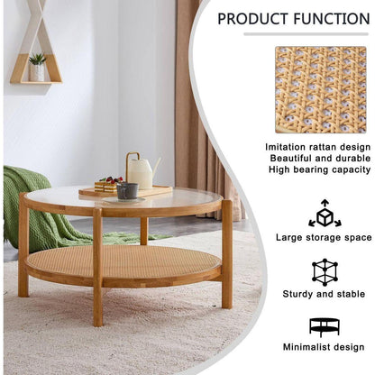 Modern simple circular double-layer solid wood tea table rattan woven Chinese side table small round table suitable for living room, dining room and bedroom
