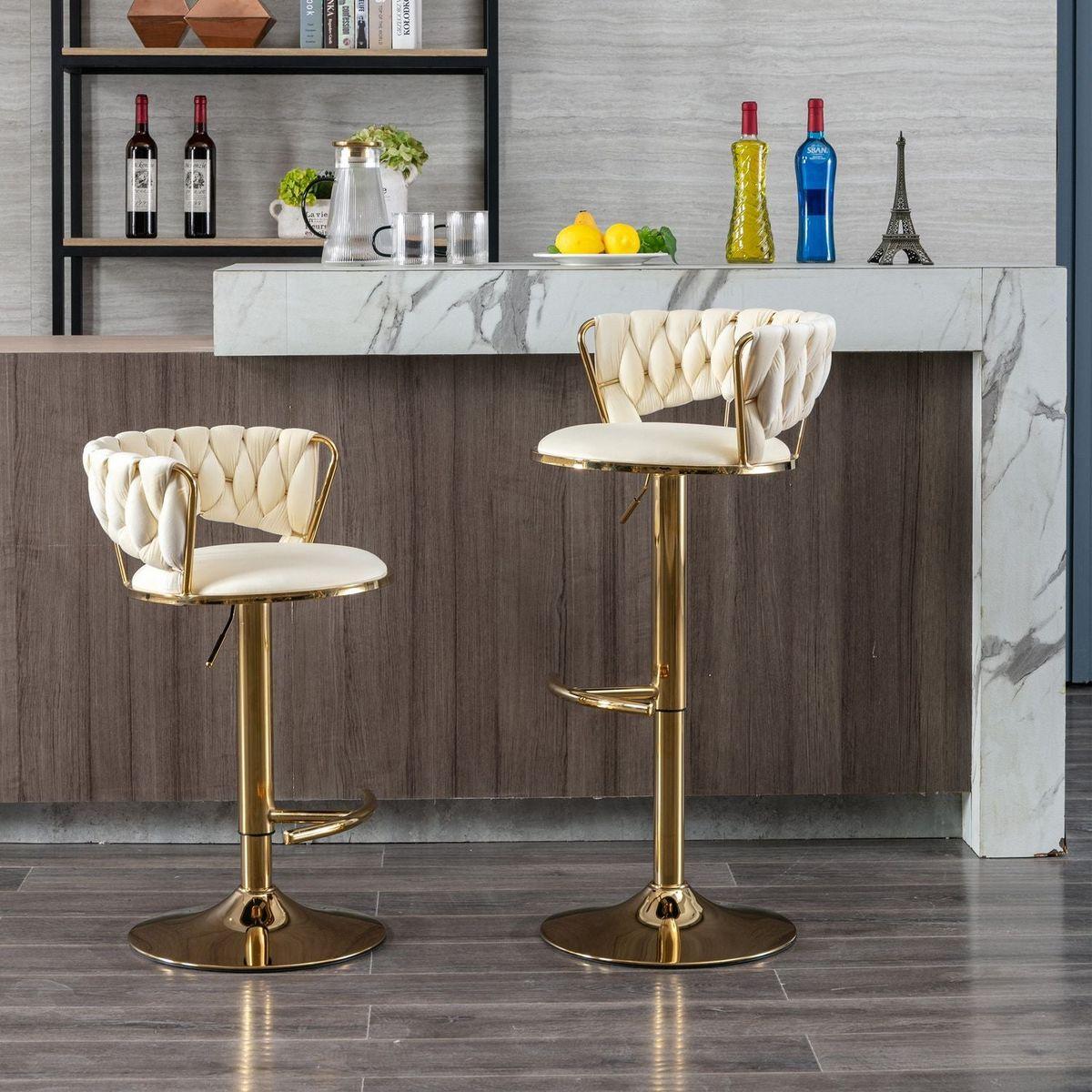Set of 2 Bar Stools, with Chrome Footrest and Base Swivel Height Adjustable Mechanical Lifting Velvet + Golden Leg Simple Bar Stool-Cream - Streamdale Furniture