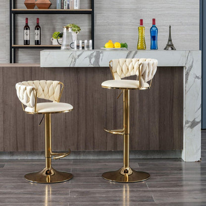 Set of 2 Bar Stools, with Chrome Footrest and Base Swivel Height Adjustable Mechanical Lifting Velvet + Golden Leg Simple Bar Stool-Cream - Streamdale Furniture
