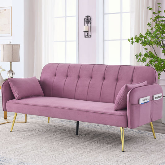 72.5" Convertible Sofa Bed, Adjustable Velvet Sofa Bed - Velvet Folding Lounge Recliner - Reversible Daybed - Ideal for Bedroom with Two Pillows and Center Leg