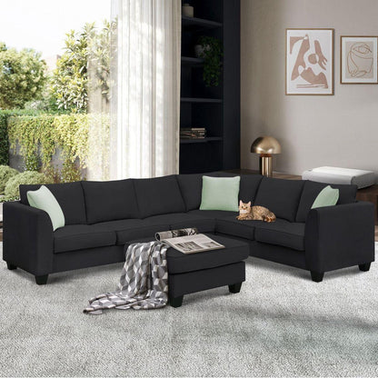 112x87" Sectional Sofa Couches Living Room Sets, 7 Seats Modular Sectional Sofa with Ottoman, L Shape Fabric Sofa Corner Couch Set with 3 Pillows, Black(New of GS008210AAB)