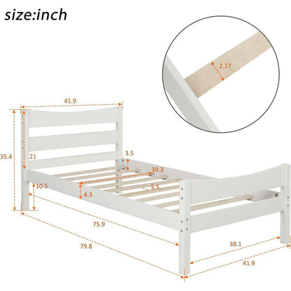 Twin Size Wood Platform Bed with Headboard and Wooden Slat Support (White)