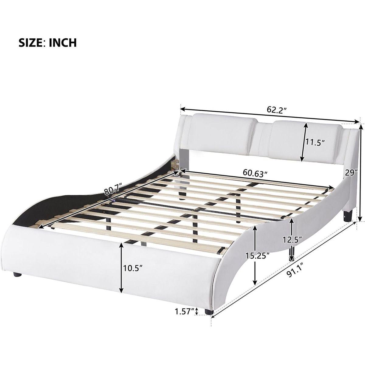 Queen Size Upholstered Faux Leather Platform Bed with LED Light Bed Frame with Slatted - White