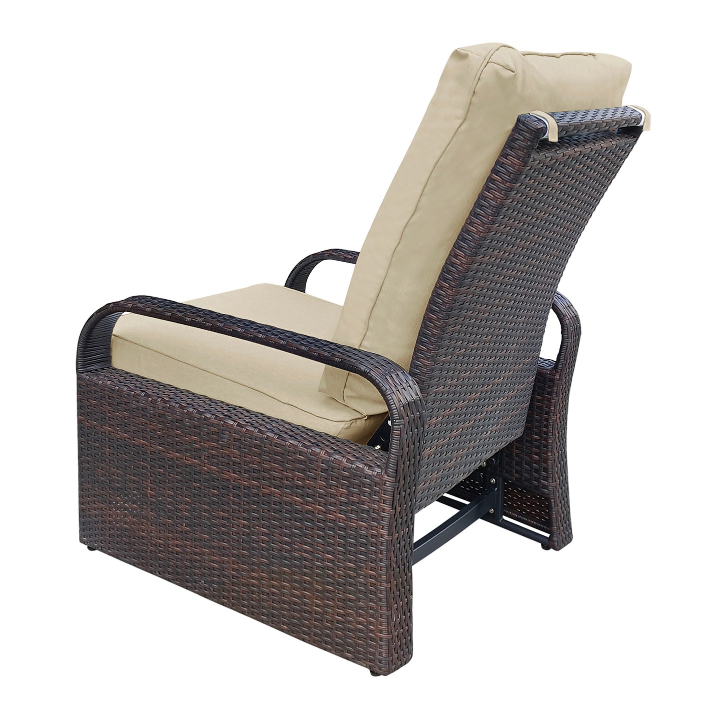 Outdoor Recliner, Automatic Adjustable Wicker Lounge Recliner Chair with Comfy Thicken Cushion, All Weather Aluminum Frame, Brown Wicker + Khaki Cushion