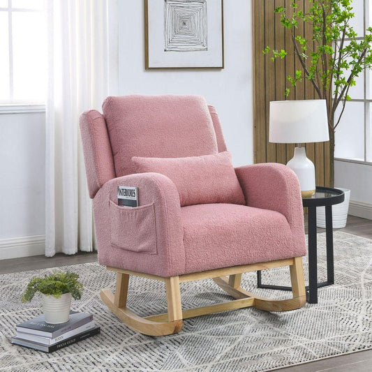 27.5" W Modern Accent High Back Living Room Casual Armchair Rocker with One Lumbar Pillow, Two Side Pockets, Teddy.