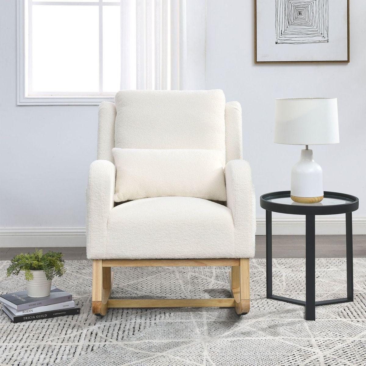 27.5" W Modern Accent High Back Living Room Casual Armchair Rocker with One Lumbar Pillow, Two Side Pockets, Teddy.