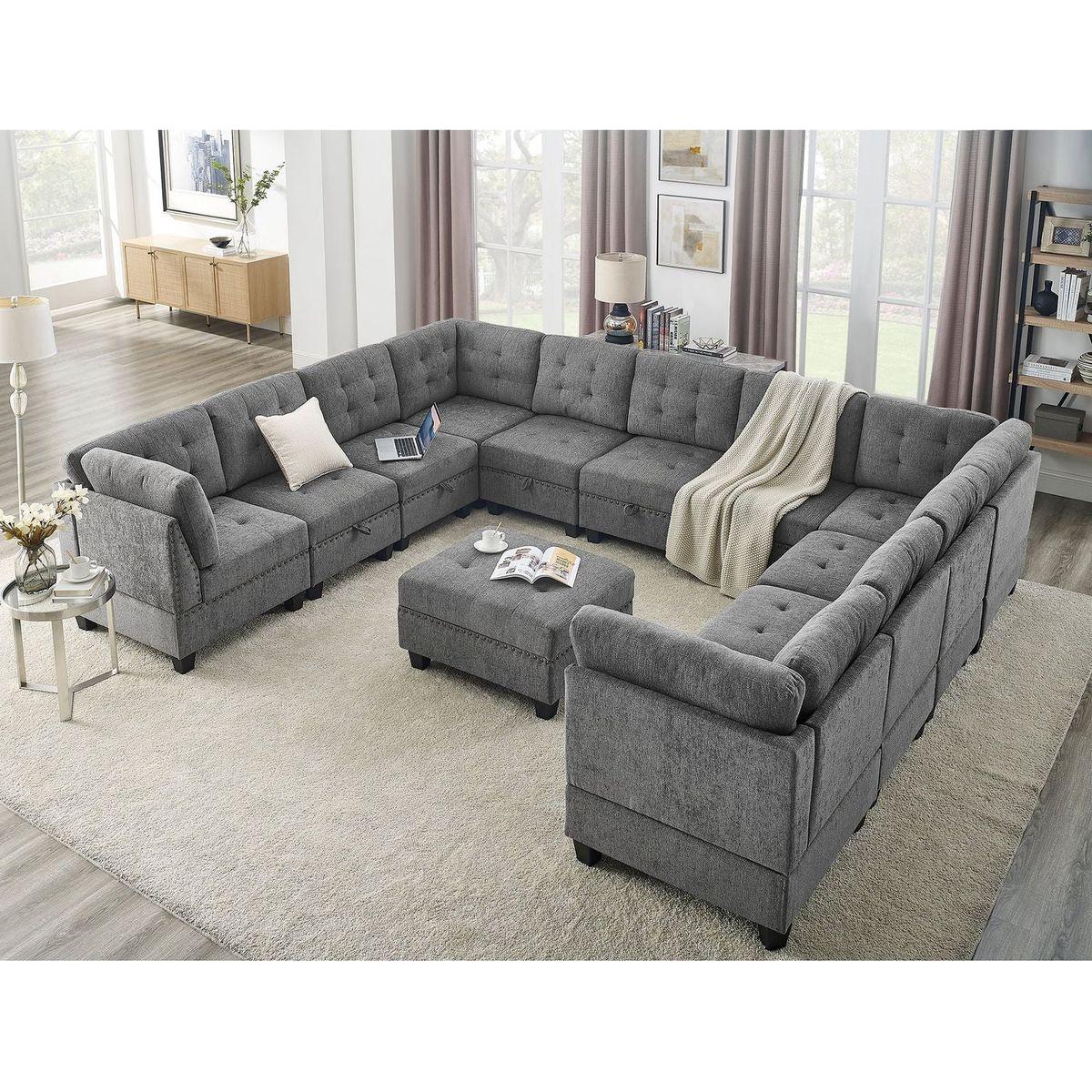 U shape Modular Sectional Sofa,DIY Combination,includes Seven Single Chair, Four Corner and One Ottoman,Grey