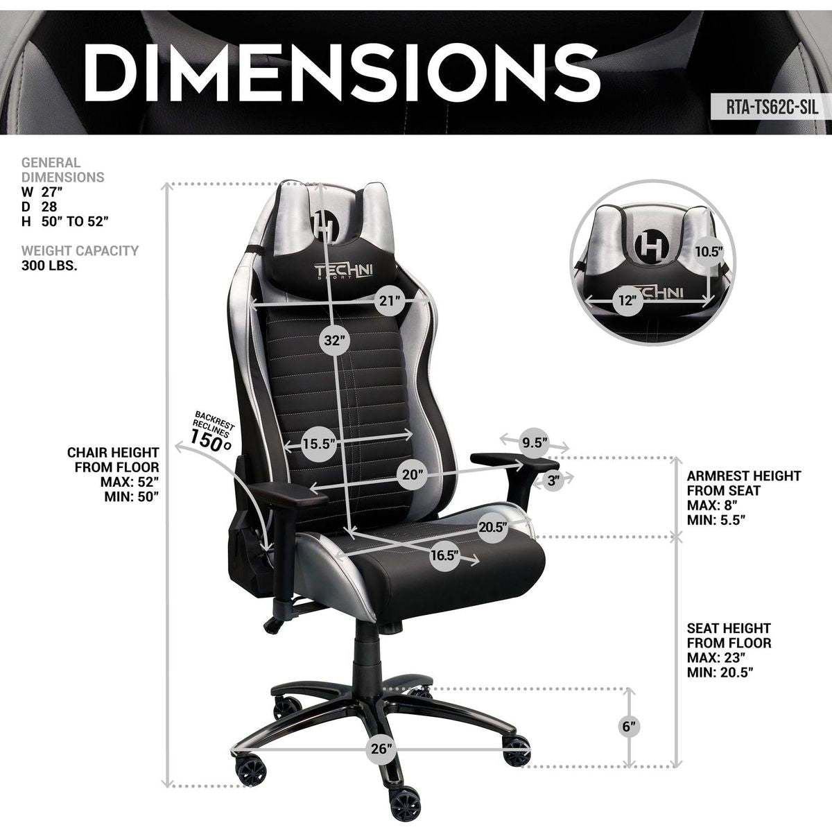 Techni Sport Ergonomic Racing Style Gaming Chair - Silver