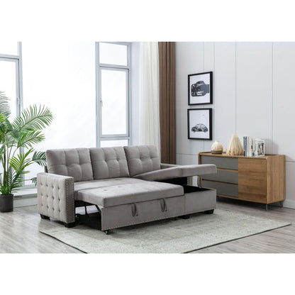 77 Inch Reversible Sectional Storage Sleeper Sofa Bed, L-Shape 2 Seat Sectional Chaise With Storage, Skin-Feeling Velvet Fabric, Light Grey Color For Living Room Furniture