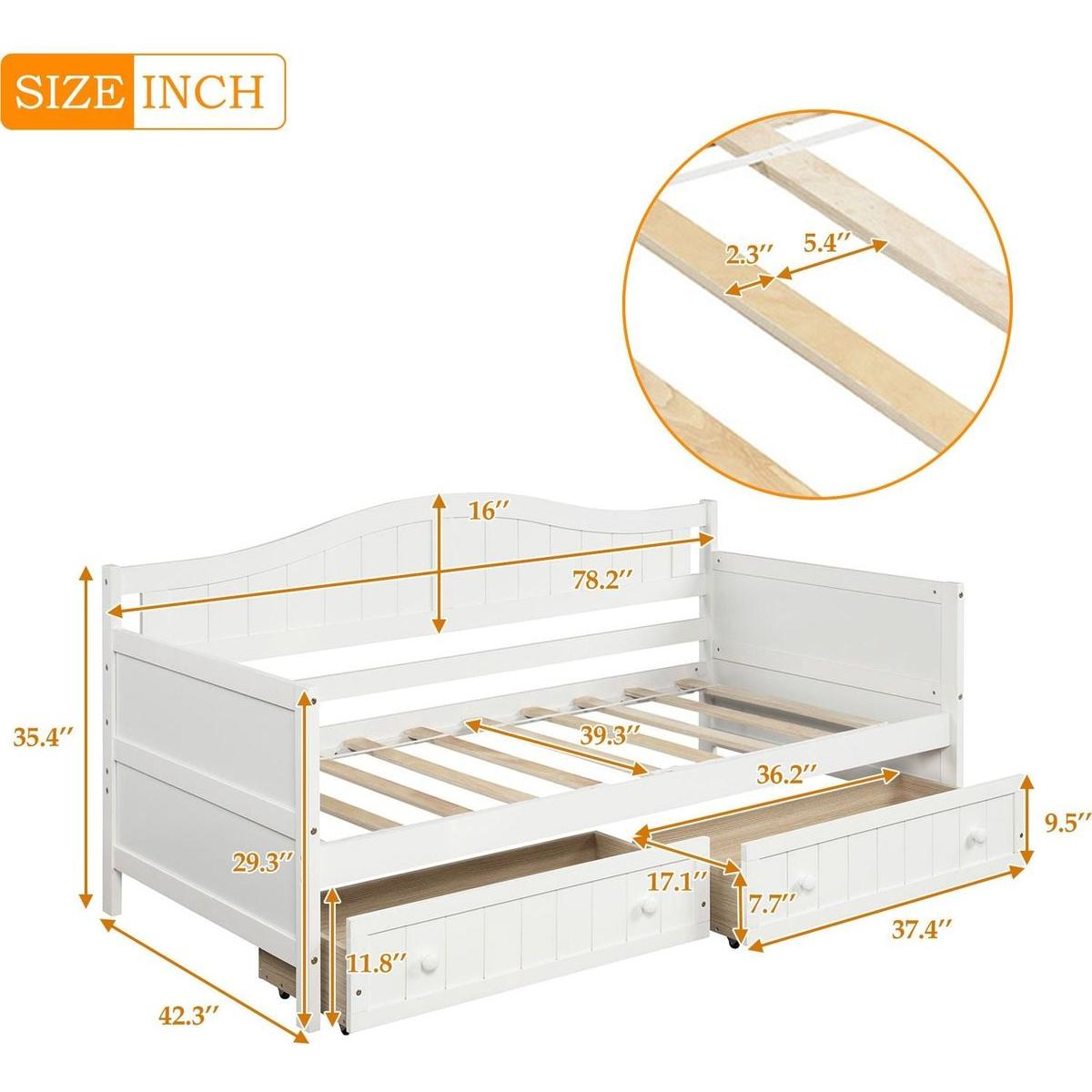 Twin Wooden Daybed with 2 drawers, Sofa Bed for Bedroom Living Room, No Box Spring Needed, White