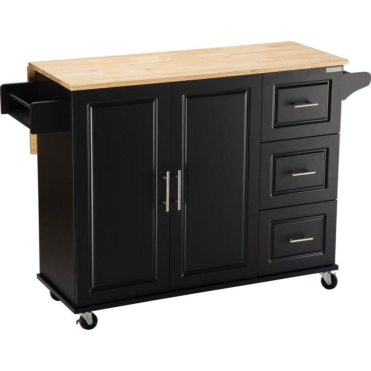 Kitchen Island & Kitchen Cart, Mobile Kitchen Island with Extensible Rubber Wood Table Top, adjustable Shelf Inside Cabinet, 3 Big Drawers, with Spice Rack, Towel Rack, Black-Beech .