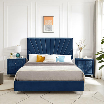 Full bed with one nightstand, Beautiful line stripe cushion headboard, strong wooden slats + metal legs with Electroplate