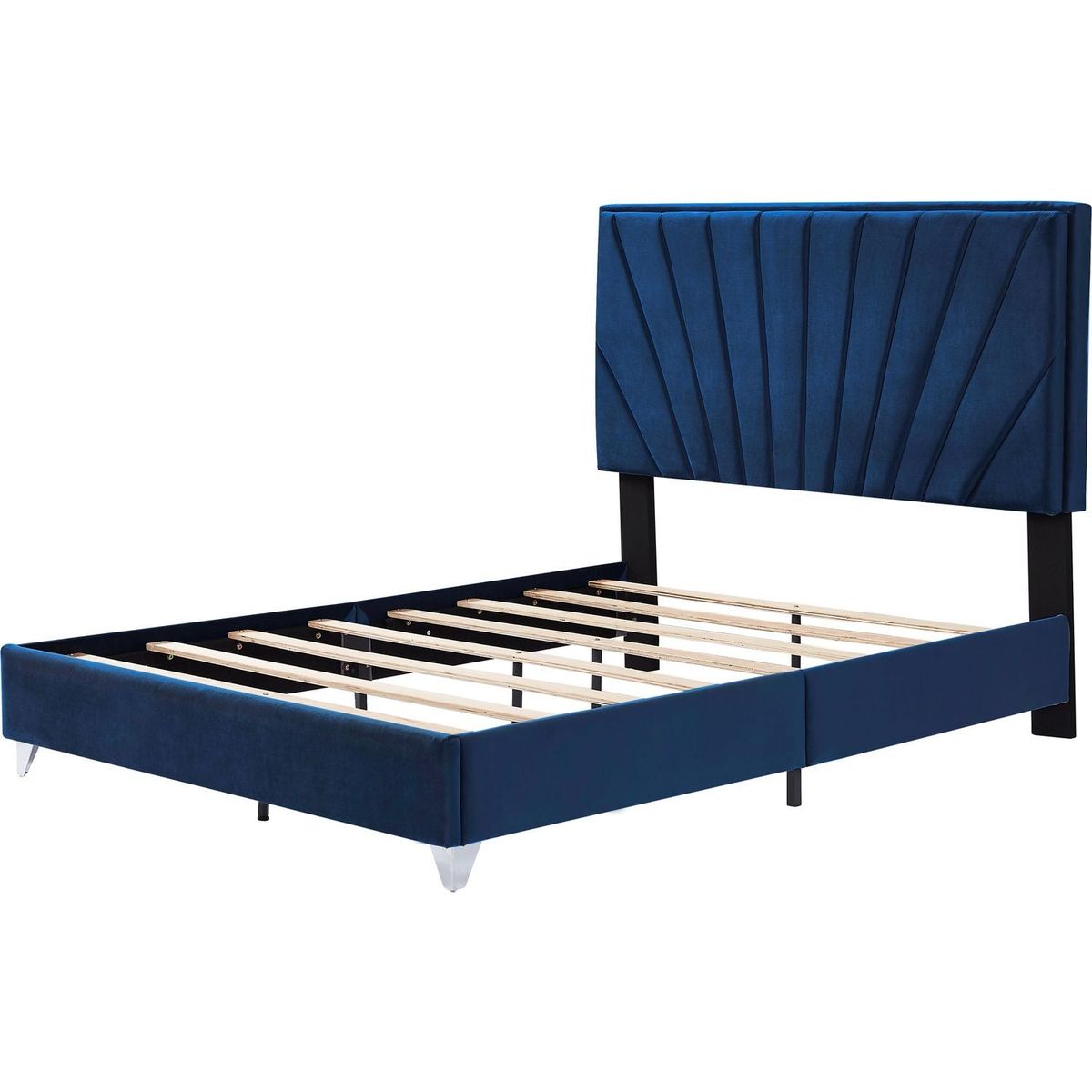 Full bed with two nightstands, Beautiful line stripe cushion headboard, strong wooden slats + metal legs with Electroplate