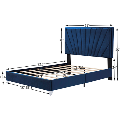 Full bed with one nightstand, Beautiful line stripe cushion headboard, strong wooden slats + metal legs with Electroplate