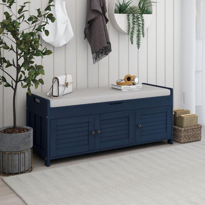 Storage Bench with 3 Shutter-shaped Doors, Shoe Bench with Removable Cushion and Hidden Storage Space (Antique Navy