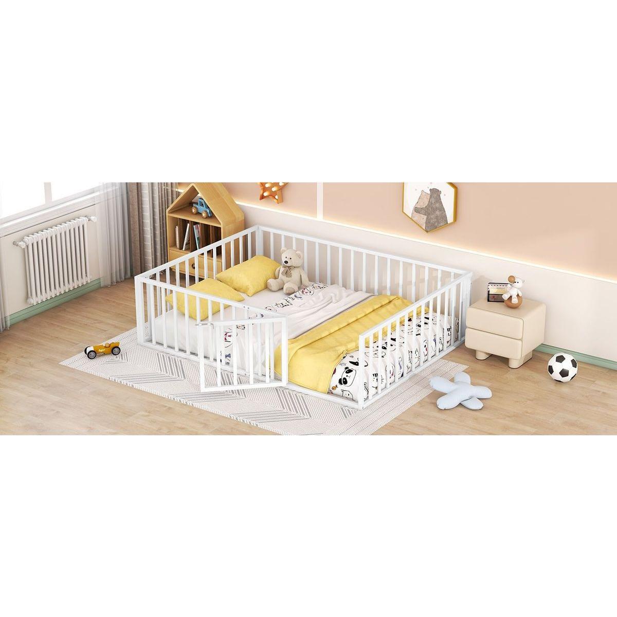 Queen Size Metal Floor Bed Frame with Fence and Door, White
