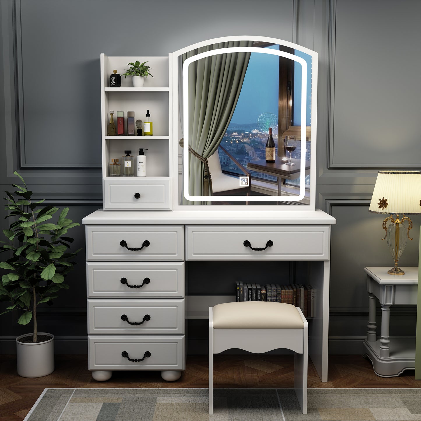 Fashion Vanity Desk with Mirror and Lights for Makeup, Vanity Mirror with Lights and Table Set with 3 Color Lighting Brightness Adjustable, 6 Drawers, White Color