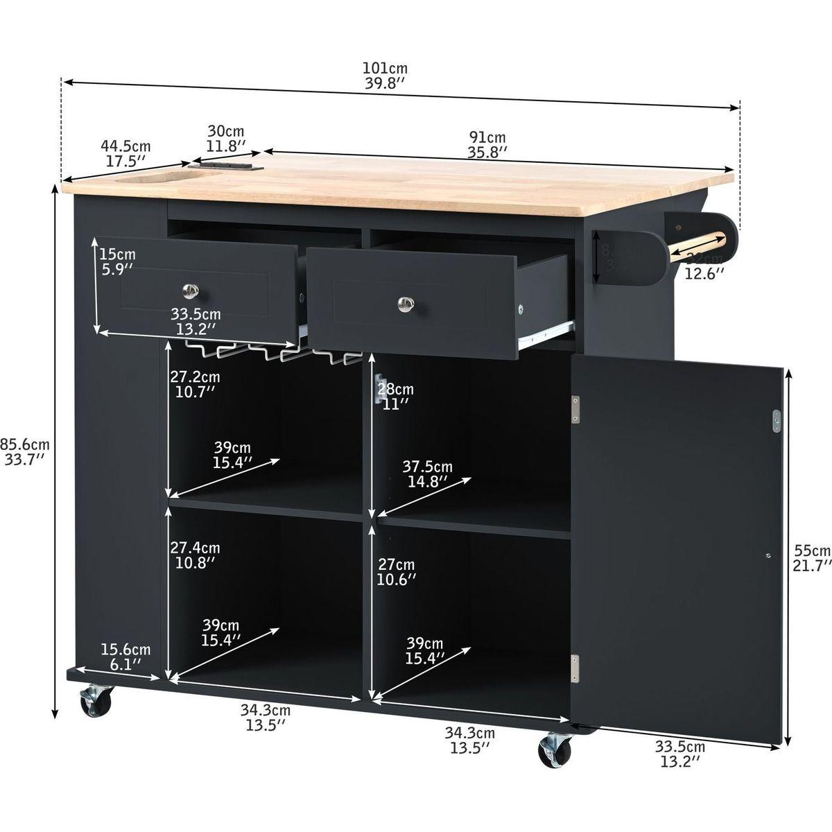 Kitchen Island with Power Outlet,Kitchen Storage Island with Drop Leaf and Rubber Wood,Open Storage and Wine Rack,5 Wheels,with Adjustable Storage for Home, Kitchen, and Dining Room, Black