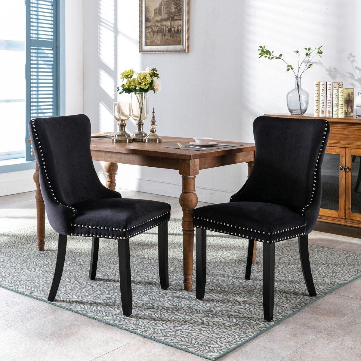 Upholstered Wing-Back Dining Chair with Backstitching Nailhead Trim and Solid Wood Legs, Set of 2, Black, 8809BK, KD