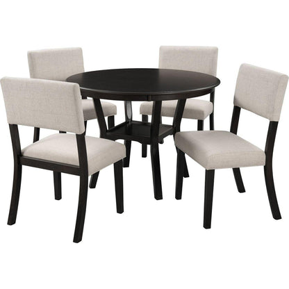 5-Piece Kitchen Dining Table Set Round Table with Bottom Shelf, 4 Upholstered Chairs for Dining Room (Espresso)