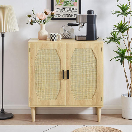 Kitchen storage cabinets with rattan decorative doors, buffets, wine cabinets, dining rooms, hallways, cabinet console tables, Natural, 31.5"W X 15.8"D X 34.6"H.