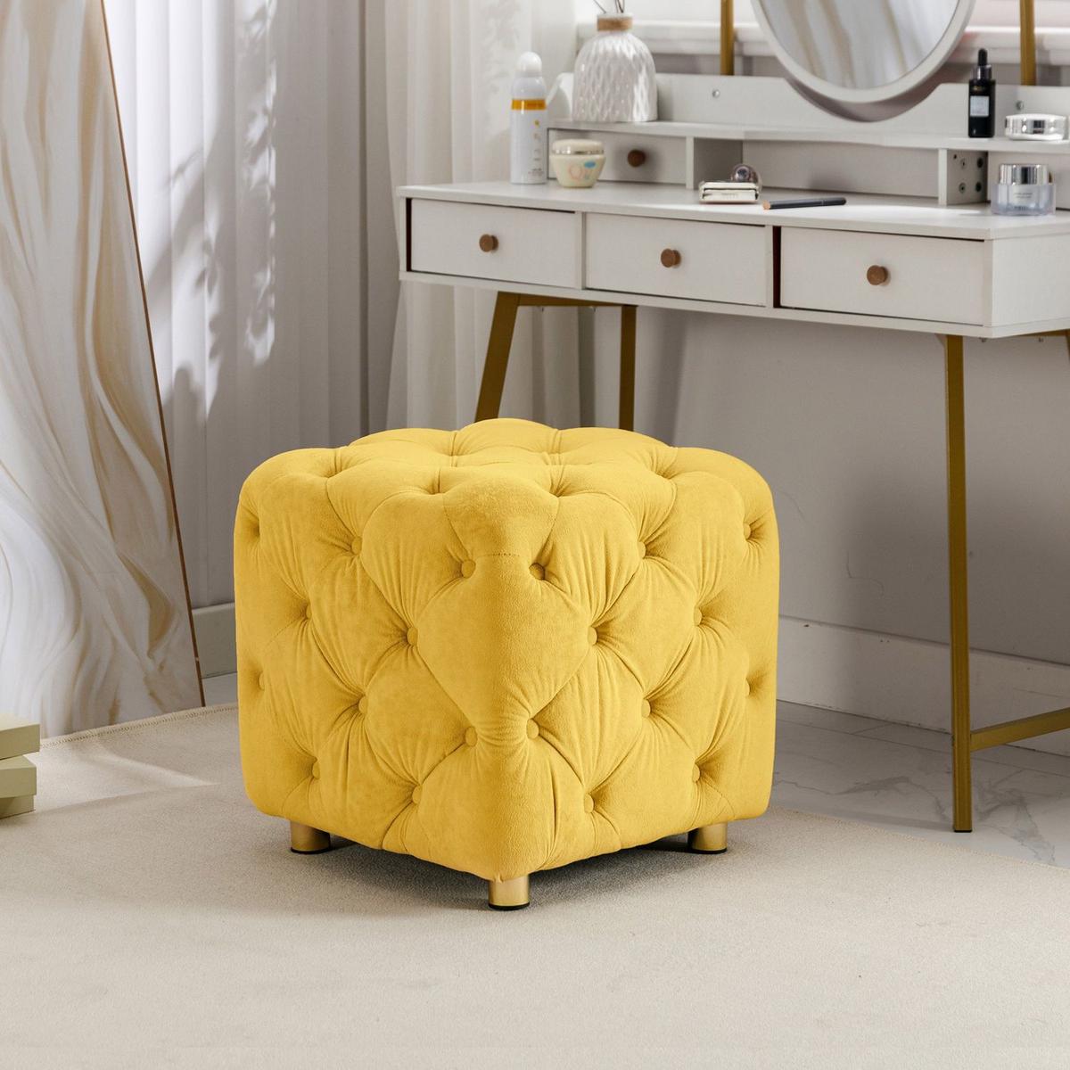 Yellow Modern Velvet Upholstered Ottoman, Exquisite Small End Table, Soft Foot Stool, Dressing Makeup Chair, Comfortable Seat for Living Room, Bedroom, Entrance