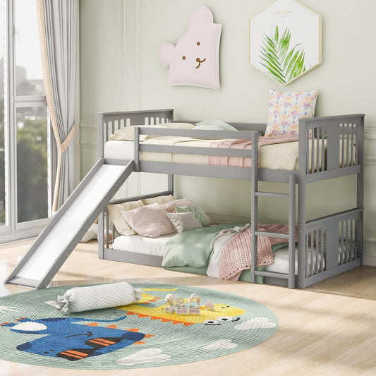 Twin Over Twin Bunk Bed with Slide and Ladder, Gray