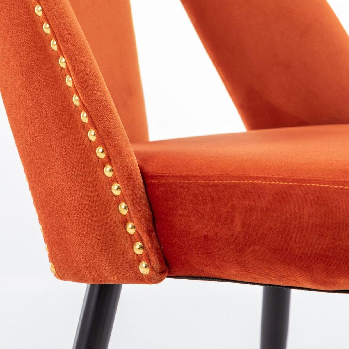 Akoya Collection Modern Contemporary Velvet Upholstered Dining Chair with Nailheads and Gold Tipped Black Metal Legs, Orangeet of 2