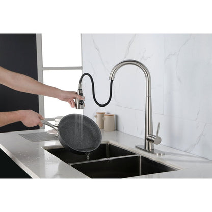 Kitchen Faucet with Pull Down Sprayer Brushed Nickel, High Arc Single Handle Kitchen Sink Faucet with Deck Plate, Commercial Modern Stainless Steel Kitchen Faucets