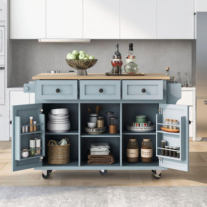 Kitchen Cart with Rubber wood Drop-Leaf Countertop, Cabinet door internal storage racks,Kitchen Island on 5 Wheels with Storage Cabinet and 3 Drawers for Dining Room, Grey Blue