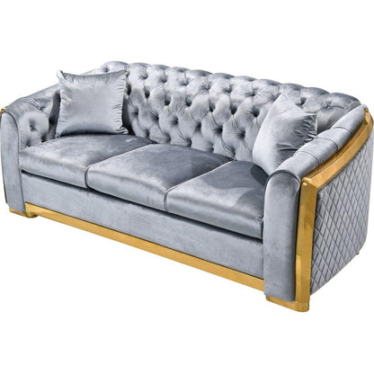 Velvet Luxury Chesterfield Sofa Set, 84 Inches Tufted 3 Seat Couch with Gold Stainless for Living Room, Grey Fabric