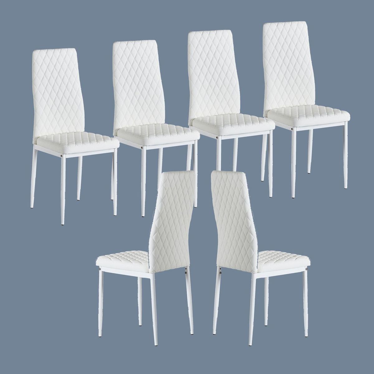 White modern minimalist dining chair fireproof leather sprayed metal pipe diamond grid pattern restaurant home conference chair set of 6