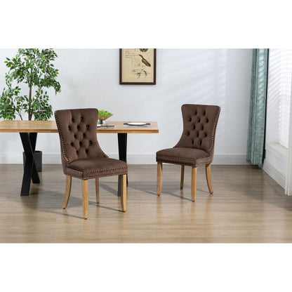 Upholstered Button Tufted Back Brown Velvet Dining Chair with Nailhead Trim and Brushed Solid Wood Legs 2 Sets