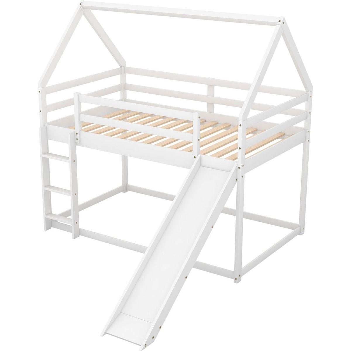 Twin Size Bunk House Bed with Slide and Ladder, White