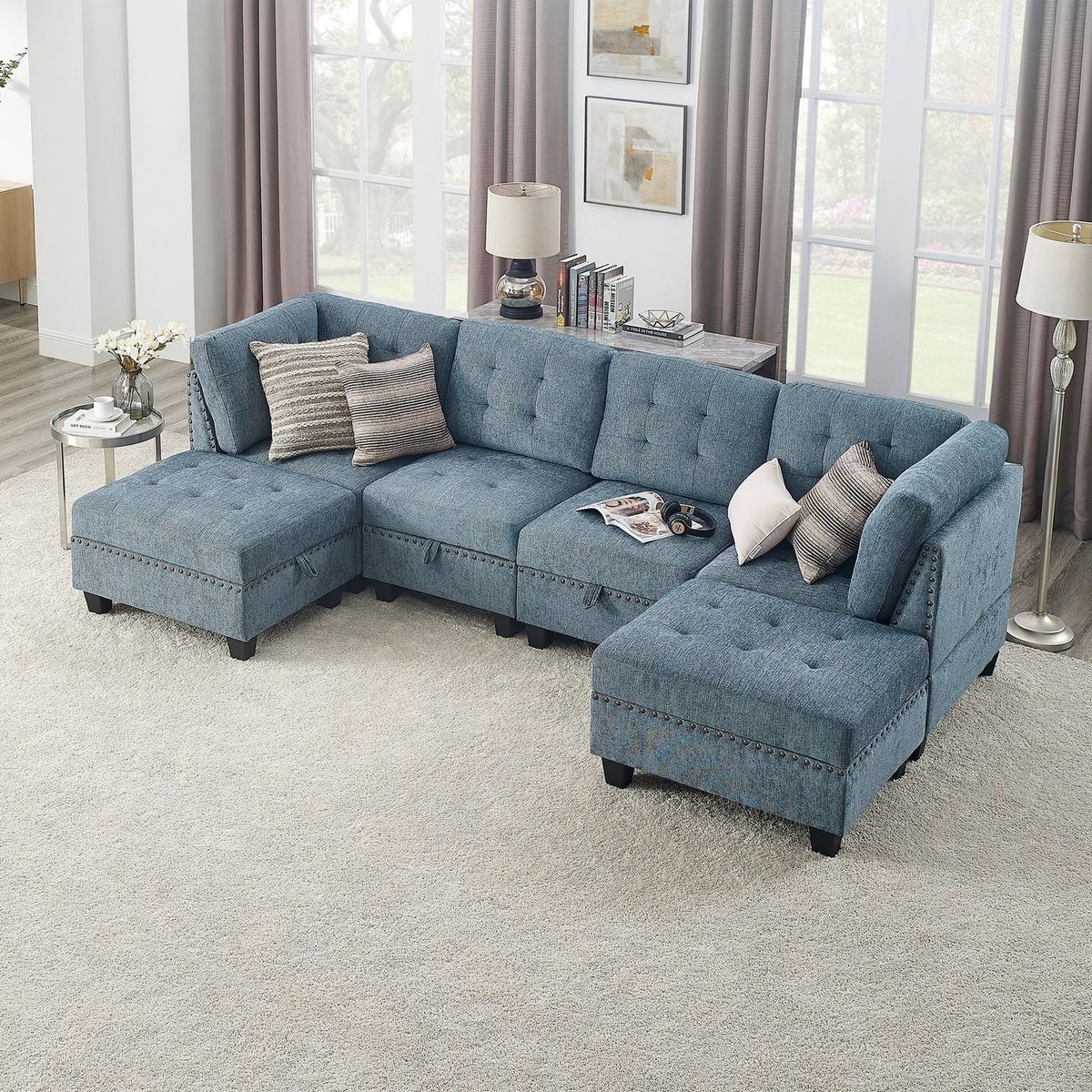 U shape Modular Sectional Sofa,DIY Combination,includes Two Single Chair, Two Corner and Two Ottoman,Navy Chenille